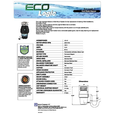 Eco Logic 1/2 HP Continuous Feed Garbage Disposal with Polished Chrome Sink Flange 10-US-EL-7-DS-3B-PC